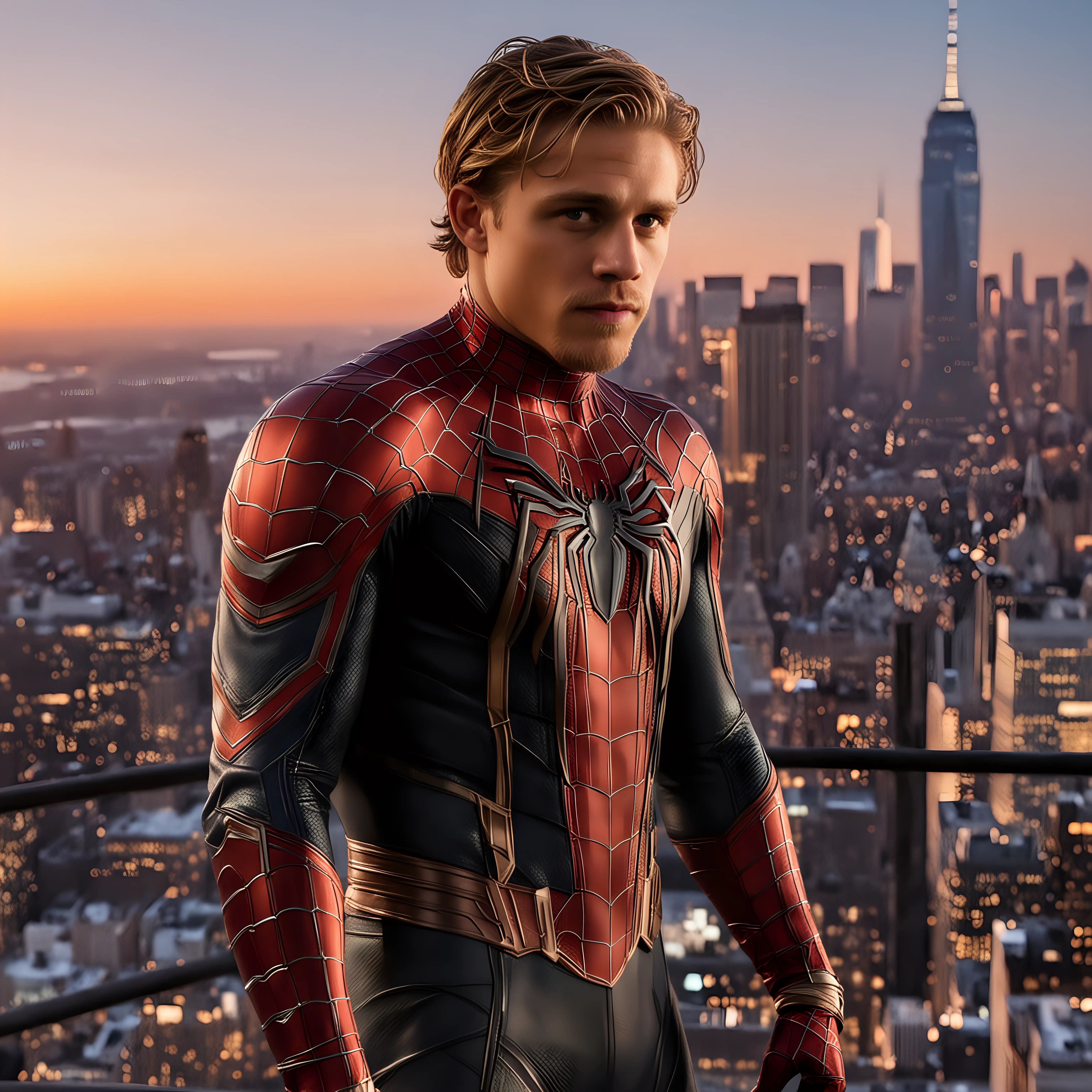 Young Charlie Hunnam, spider-man outfit, no mask, New York skyline, sunset