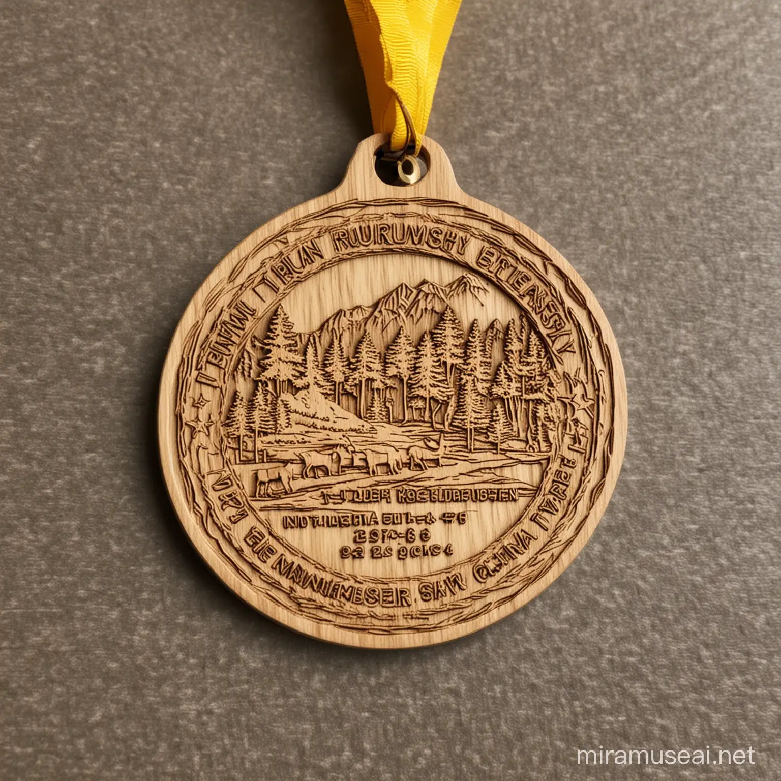 Finisher medal for all people attending forrest run organied by DHL in 2024. The design should be modern and enviromental as we aim to have wooden medal
