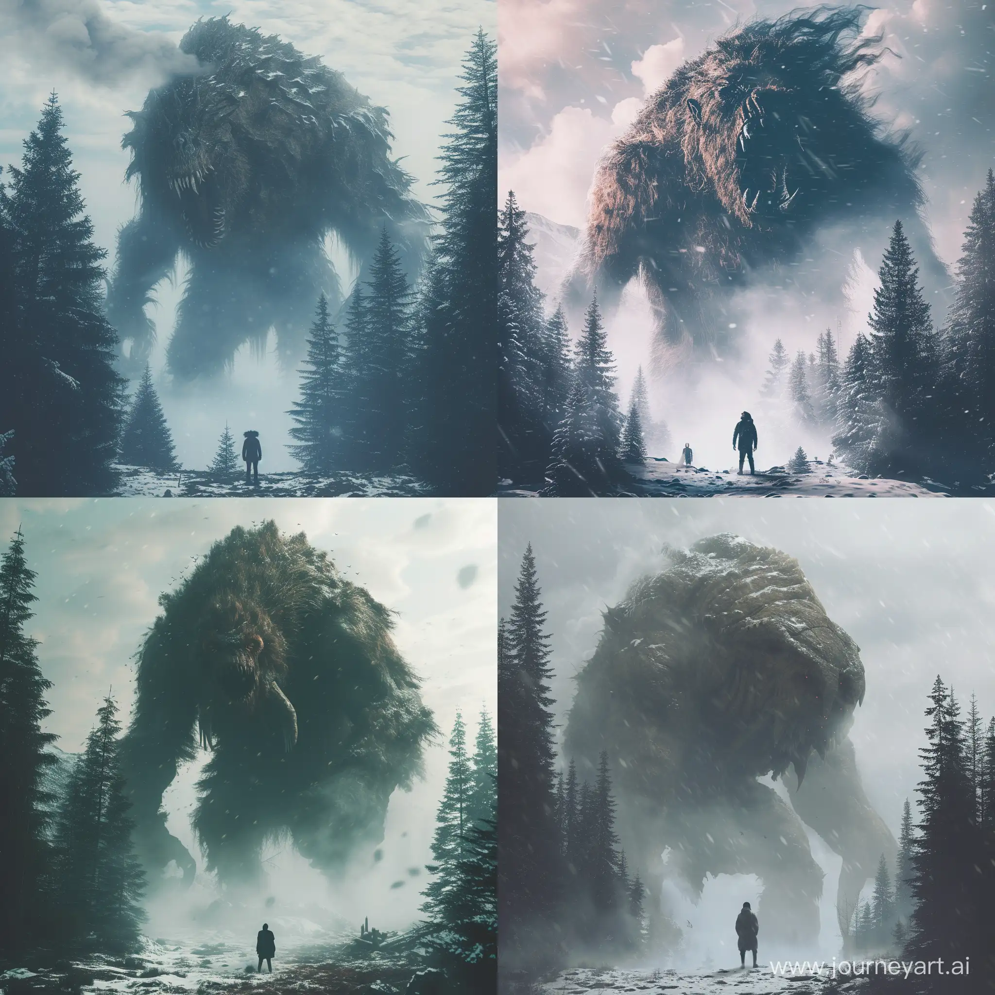 Majestic-Encounter-Giant-Mythical-Creature-and-Brave-Human-in-Enchanted-Winter-Forest