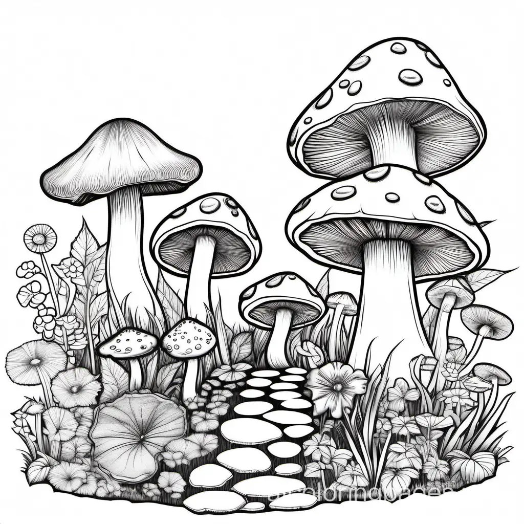 fairy garden with mushrooms and flowers, Coloring Page, black and white, line art, white background, Simplicity, Ample White Space. The background of the coloring page is plain white to make it easy for young children to color within the lines. The outlines of all the subjects are easy to distinguish, making it simple for kids to color without too much difficulty