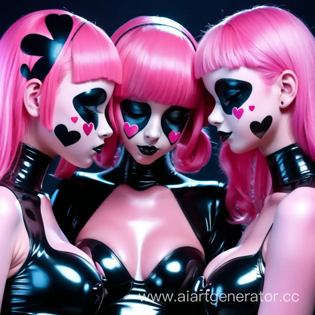 
Три латексные девушки с черной глянцевой латексной кожей. С черным латексным лицом. С розовыми резиновыми волосами с розовыми сердечками на щеках обнимаются