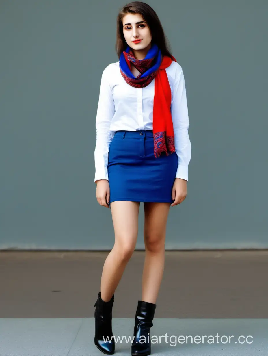 Девушка армянка в белой рубашке с длинным рукавом, синей мини-юбке, чёрных туфлях и красном платке на шее, полный рост