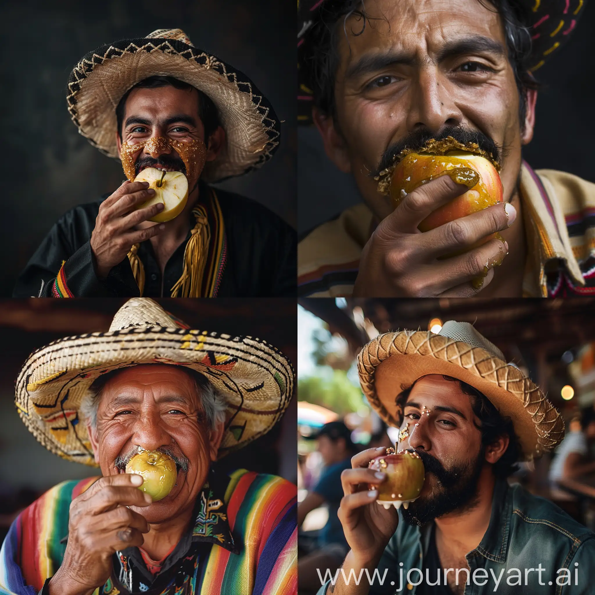 Mexican eating an apple covered in tequila