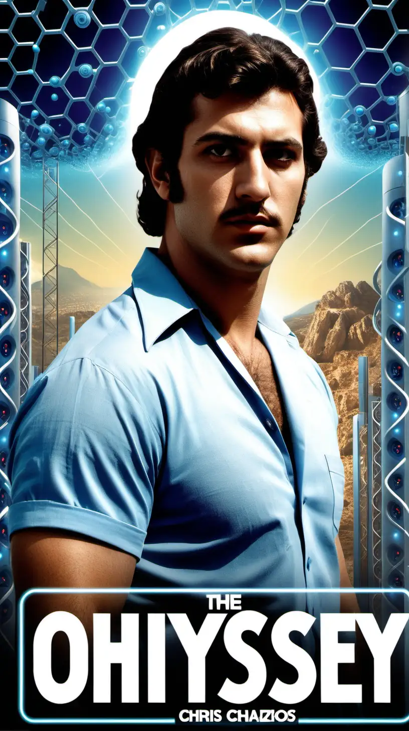 an epic 1970s movie poster featuring a chris chatzinakos a handsome 30-year old greek electrical engineer, it is called "the odyssey of chris". set against a futuristic backdrop with dna molecules and computers