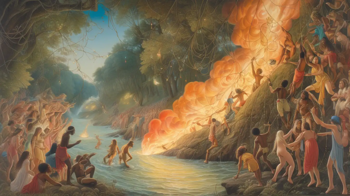  electric colors, by Richard dadd, by greg rutkowski, hanging vines,  by david mann, scroll painting, first person, dramatic, river, slides, melanin, mixed light skinned, fire powers, busy