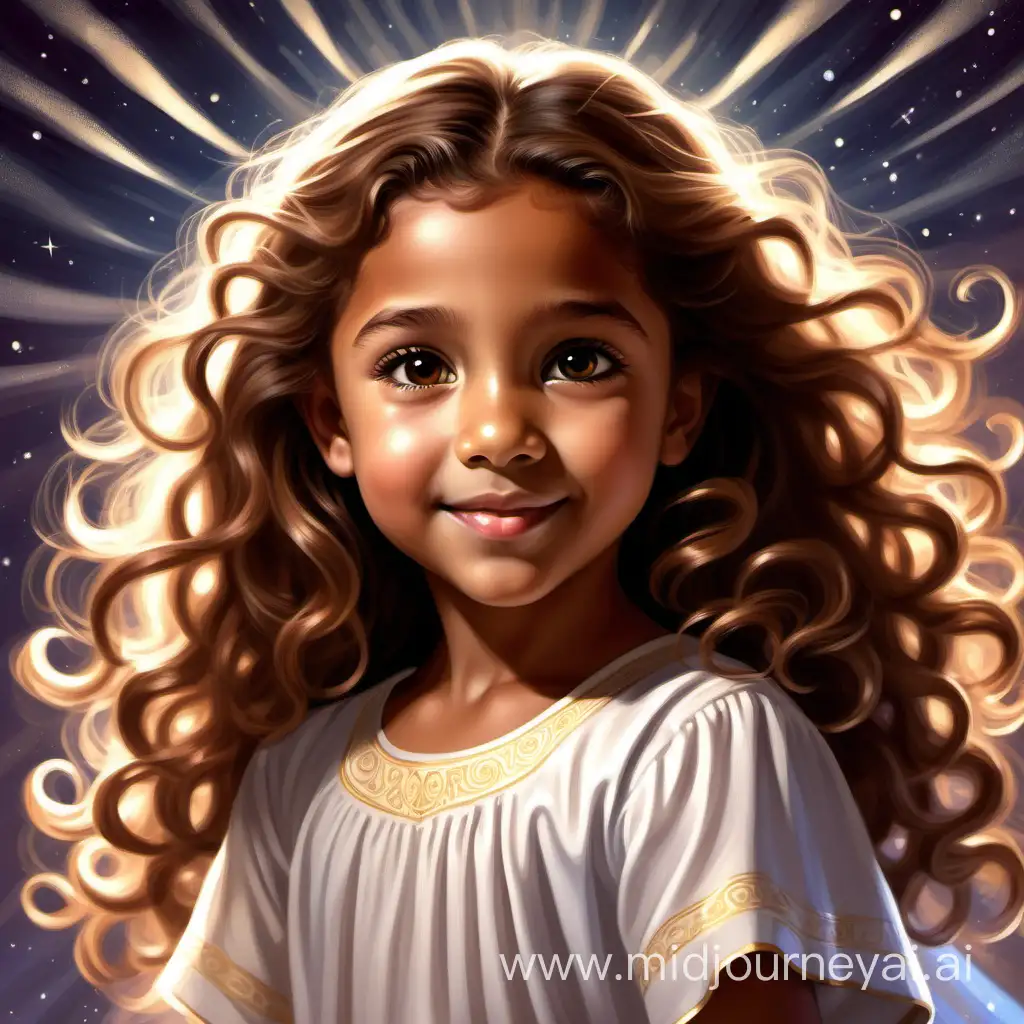 Flat art, children's book, cute, 5 year old girl, tan skin, light hazel eyes, long tight curl brown hair, angelic, confident expression, beautiful, beams of light surrounding her