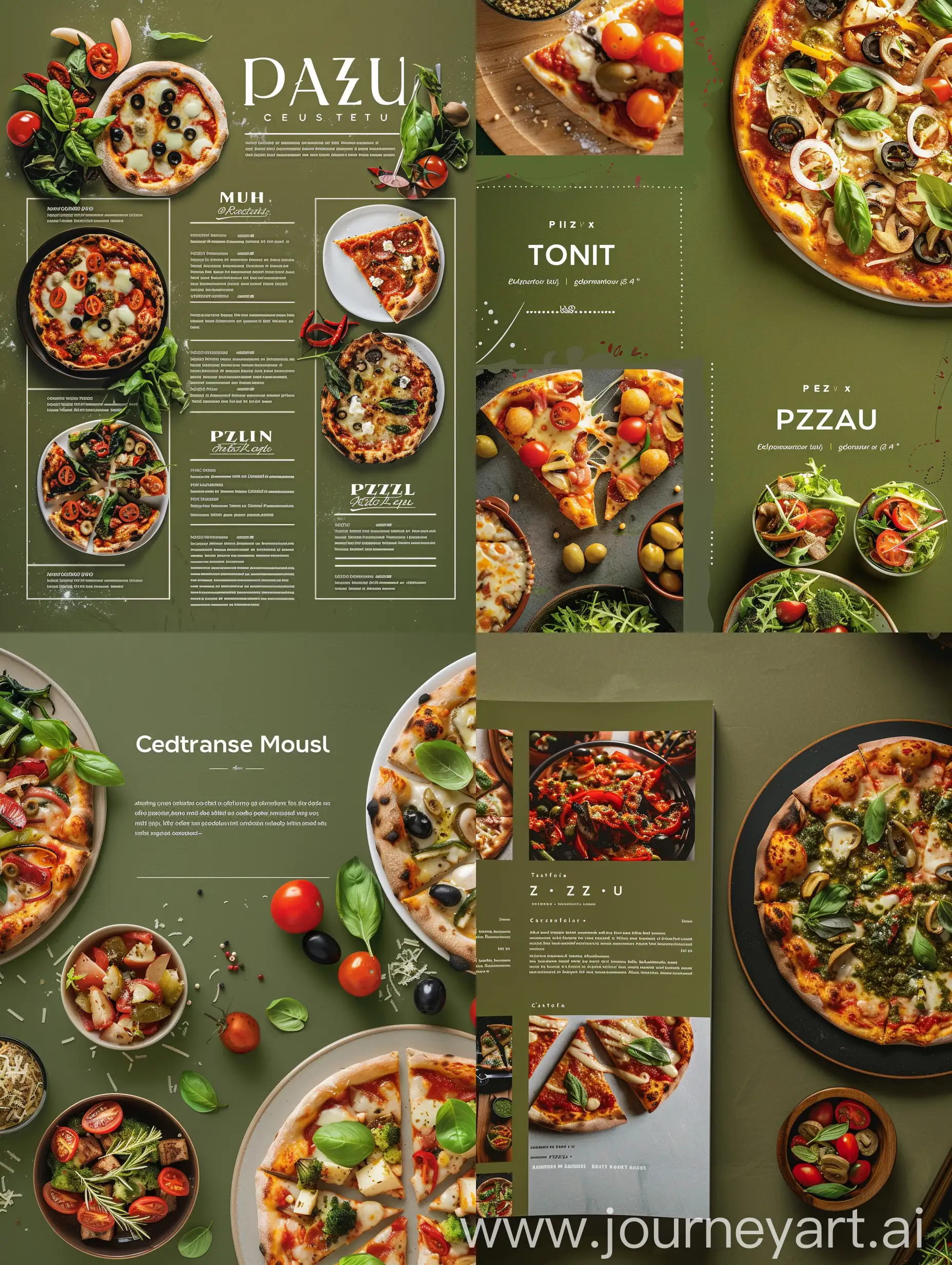 pizza resturant menu one page with photos of starters and text, olive green background