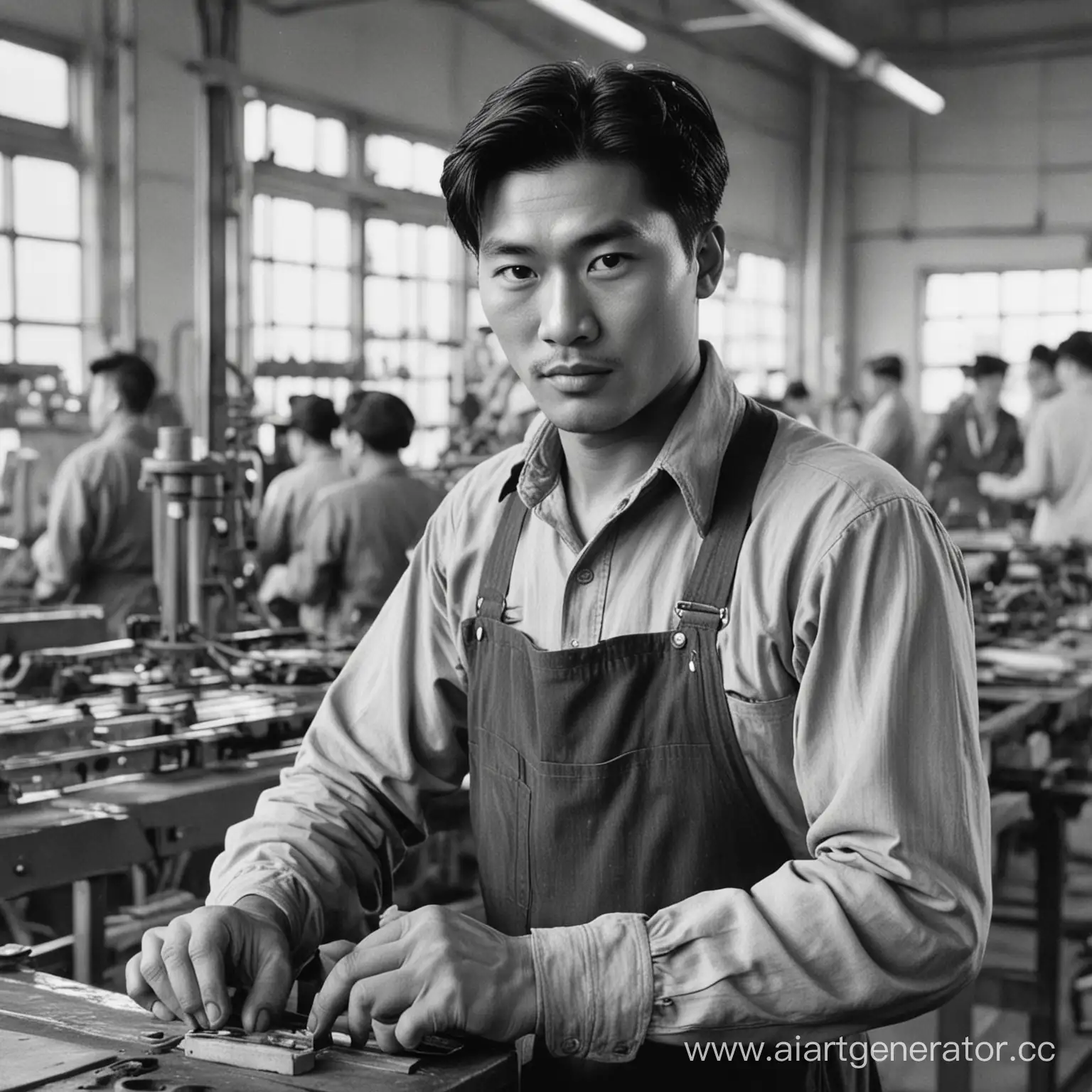 Азиатский рабочий мужчина на заводе в 40-е годы