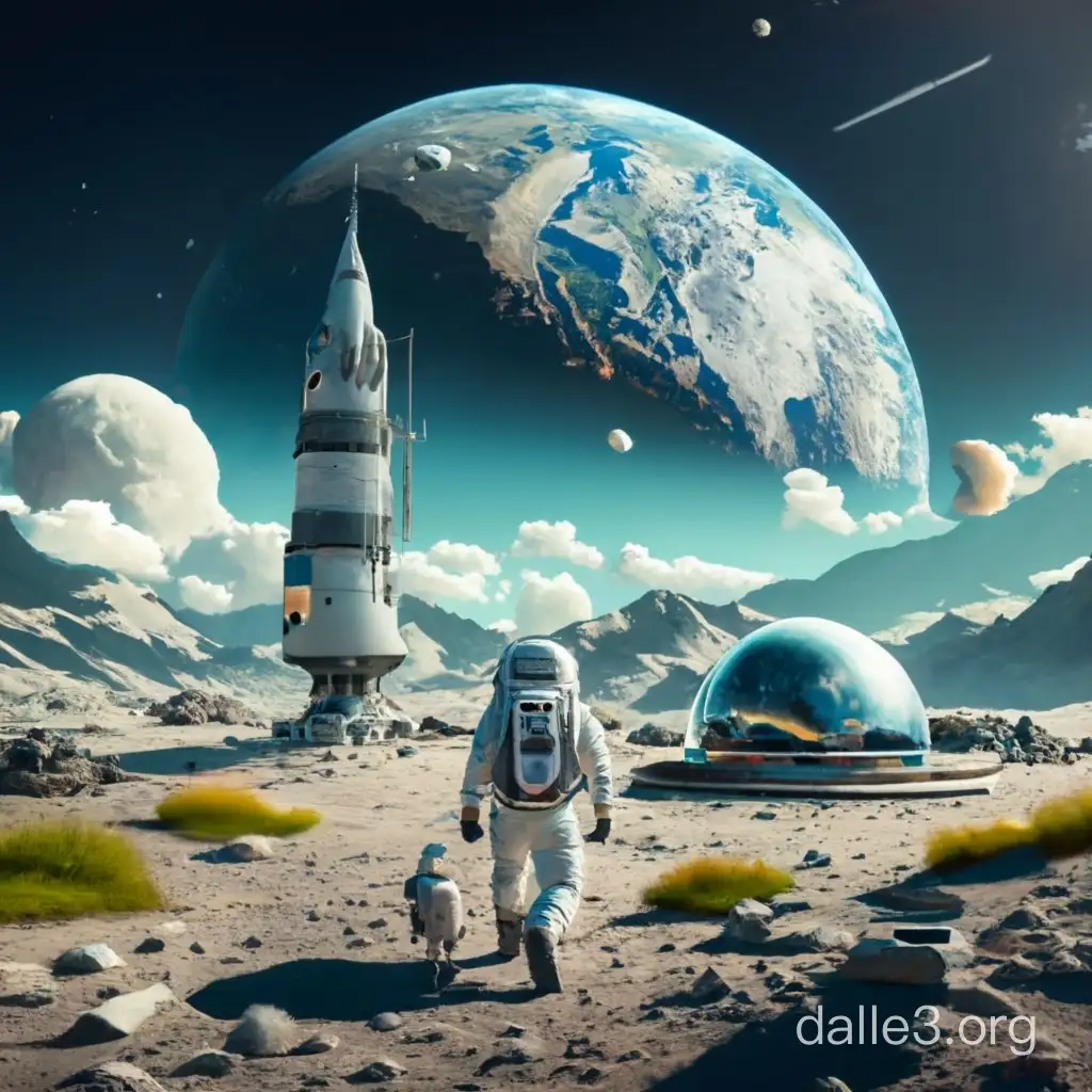 astronaught walking on the moon photo realistic moon colony with glass domes and vegitation very busy moon colony photo with earth in the background