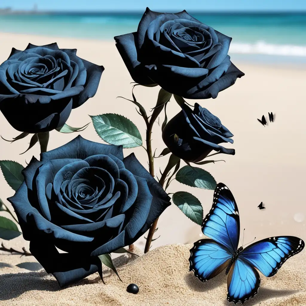black roses on  a beach with a black and blue butterfly
