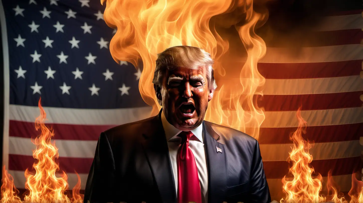 An ultra high definition photo of Donald Trump standing in front of a US flag that is on fire. There is smoke and flames and Trump looks happy.