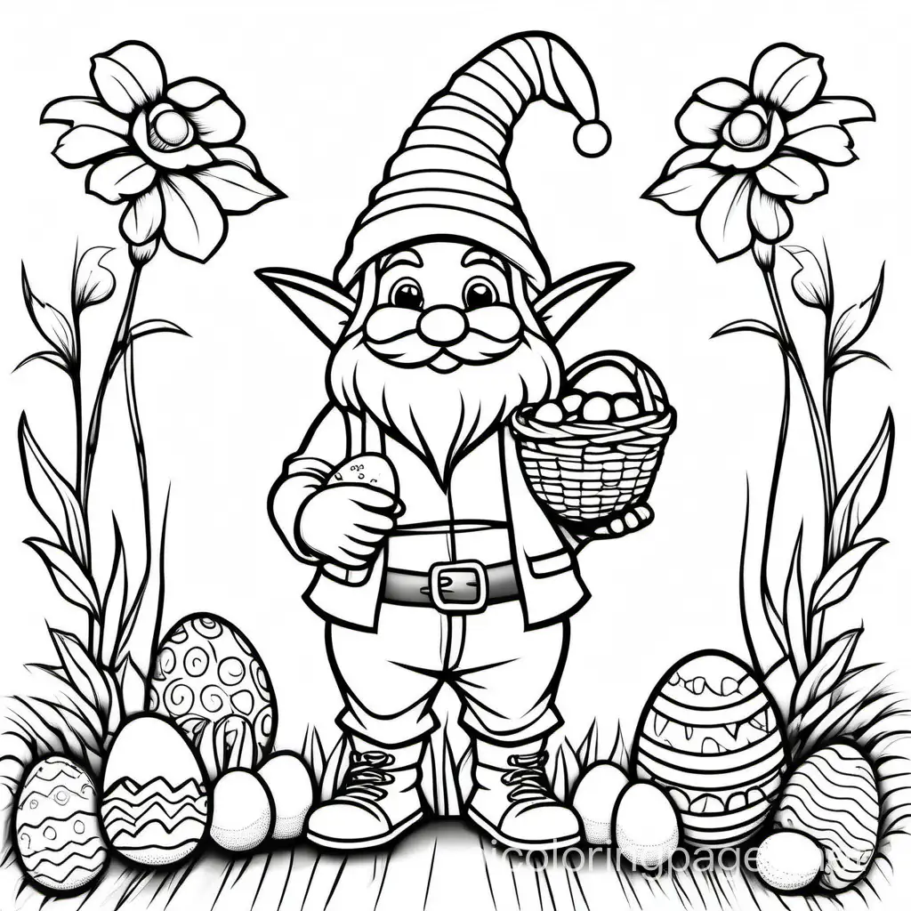 easter gnome holding an easter egg basket, Coloring Page, black and white, line art, white background, Simplicity, Ample White Space. The background of the coloring page is plain white to make it easy for young children to color within the lines. The outlines of all the subjects are easy to distinguish, making it simple for kids to color without too much difficulty