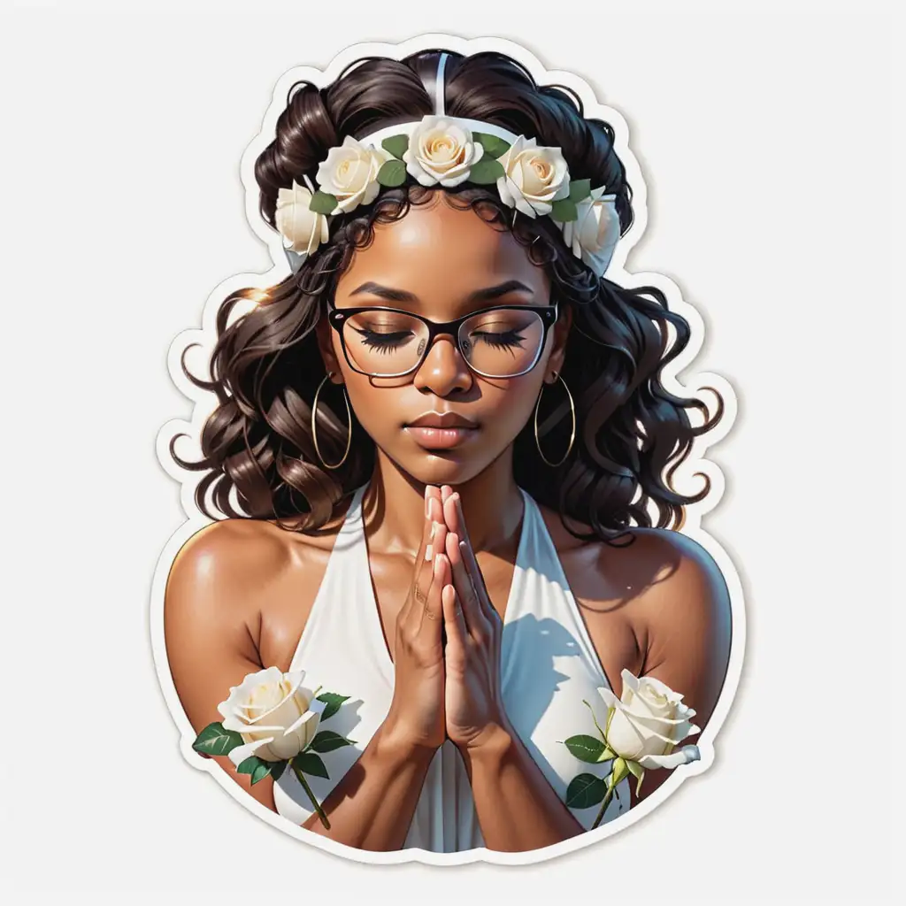 die cut sticker, a large cross behind A beautiful African American woman with her head tilted down, her hands are together prayer pressed up against her face, wearing a headband and glasses, surrounded by white roses, 
