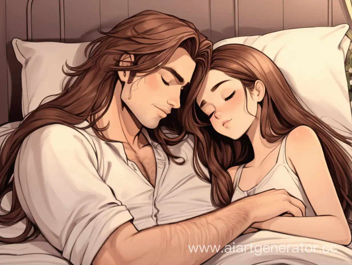 Красивый элегантный парень с очень длинными коричневыми волосами мирно спит вместе с девушкой с коричневыми волосами. Милый комикс