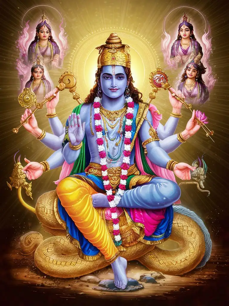 Illustrate the divine presence of Lord Vishnu, depicting him adorned with his iconic attributes and surrounded by celestial beings, symbolizing his omnipresence and divine grace.