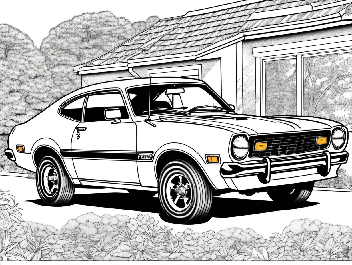 coloring page for adults, classic American automobile, 1974 ford maverick grabber, clean line art, high detail, no shade