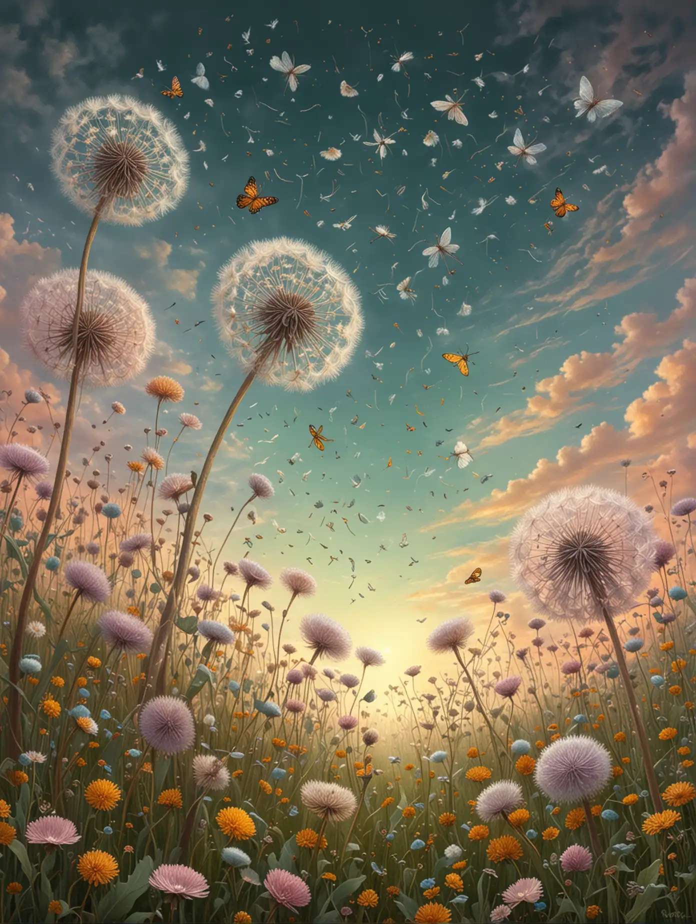 Fluffy Dandelion Field with Mystical Insects in Pastel Vintage Style