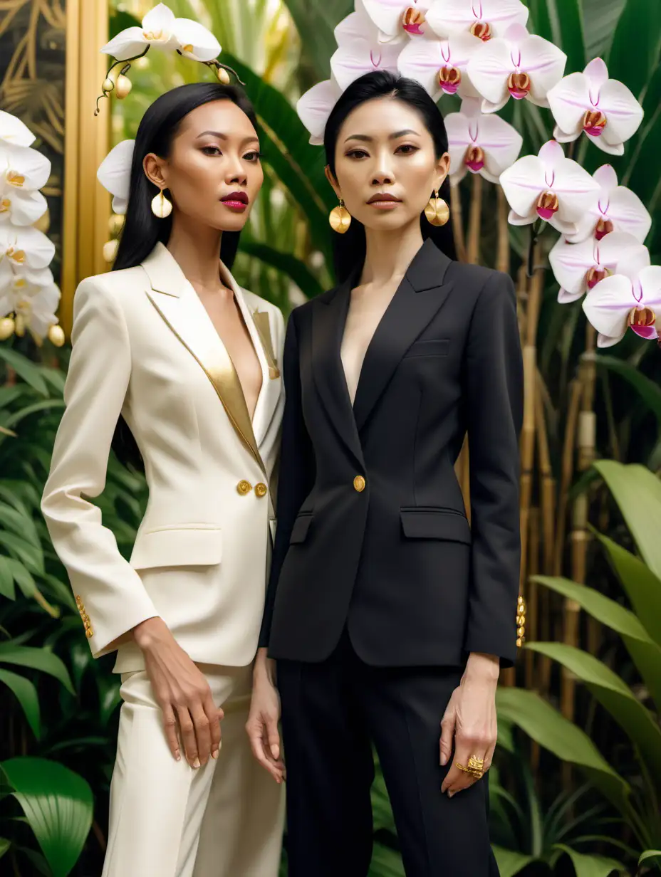 two generations of tall black-asian women models, close-up portrait, wearing pantsuits and gold orchid earrings, luxury palm garden background with white orchids, cinematic, wes anderson color palette, soft light, photorealistic