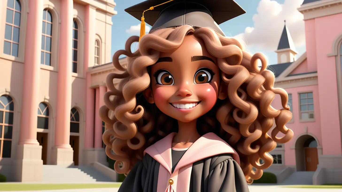 A beautiful 7 year old girl, cute, light brown skin, big hazel eyes long black eyelashes, blush,beautiful lips, round face,standing in front of university building on campus, happy, cute pink background,  looking forward, extremely long long brown detailed curly hair,  disney style, cartoon character, imagining, black and gold graduation gown and cap, sun light shining on her face, sky, clouds,  smile, 