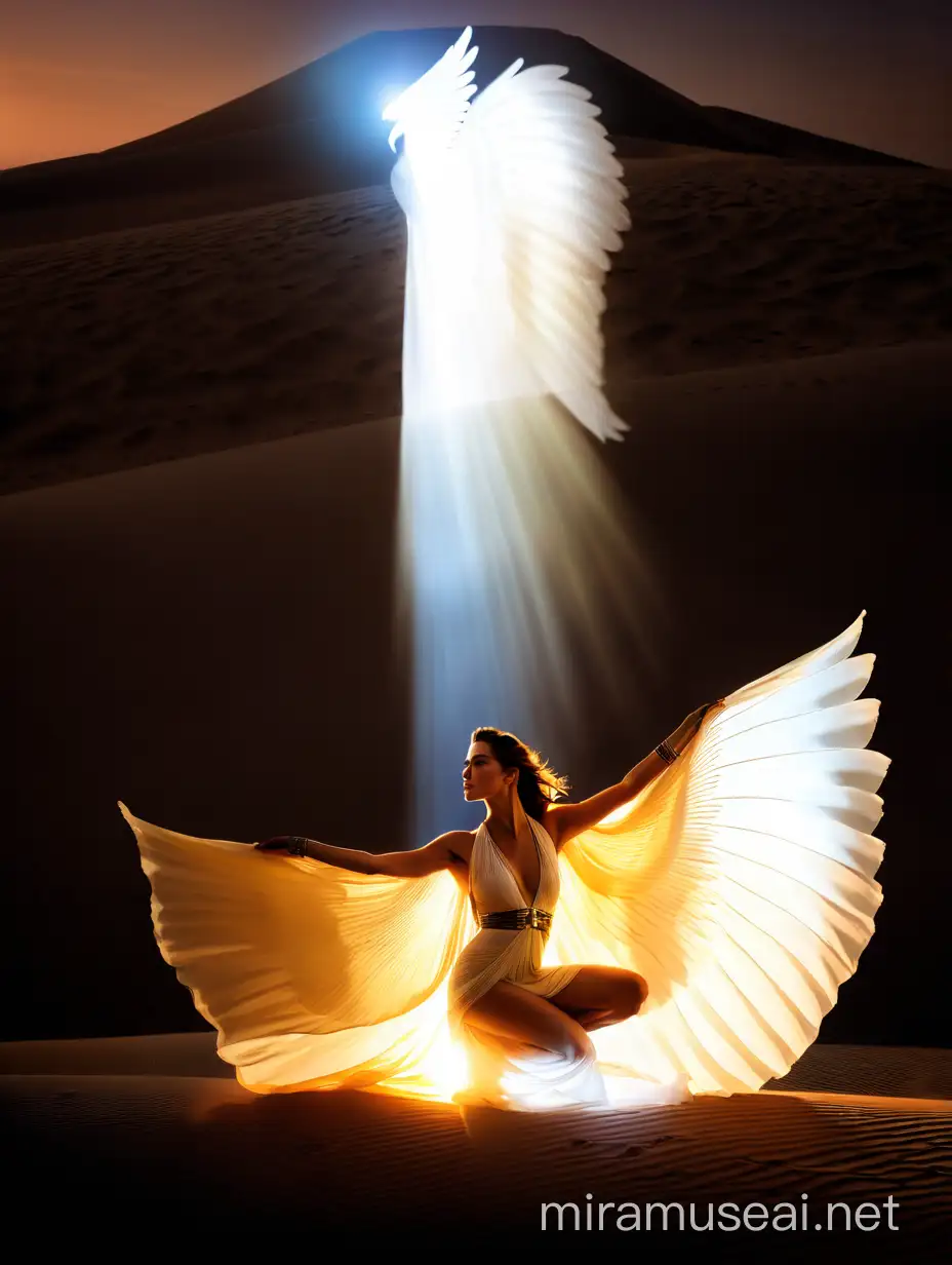 A masterpieced of Amber Heard as Isis, the Egyptian Goddess Isis. She is in profile, kneeling on the desert dunes. From his arms come her whites wings, contrasting with the colors of the sunset.
Furthermore, she is wearing an sensual black chiffon.