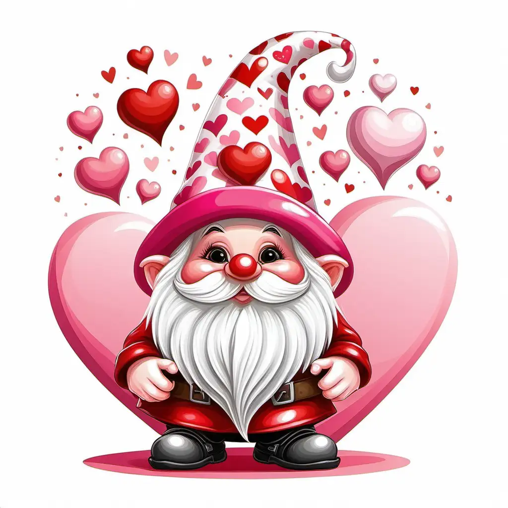  colorful pink red and white valentine gnome, oversized decorated hat, 
valentine theme, cartoon style, white background,