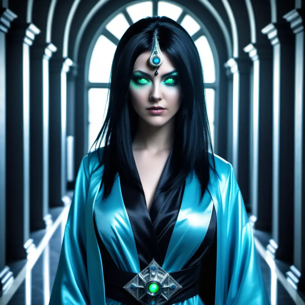 Portrait of a beautiful member of the Adepta Sororitas, wearing da bright blue robe with straight jet black hair, green eyes, standing in the hallway of a high tech palace in the background of image. A mind control device is on her head.