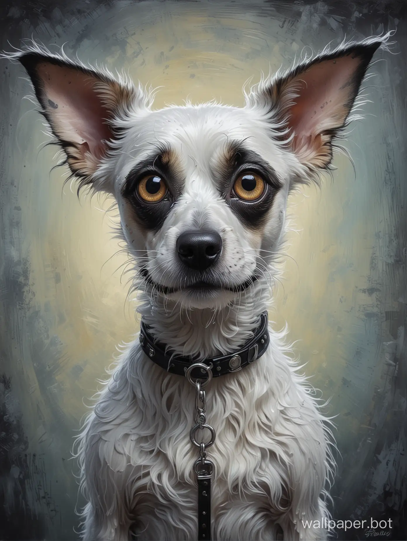 Textured oil painting in the style of Tim Burton's comics (mystical cute dog, large muzzle on a thin neck, expressive luminism eyes), eccentric, surreal, super detailed, super clear.