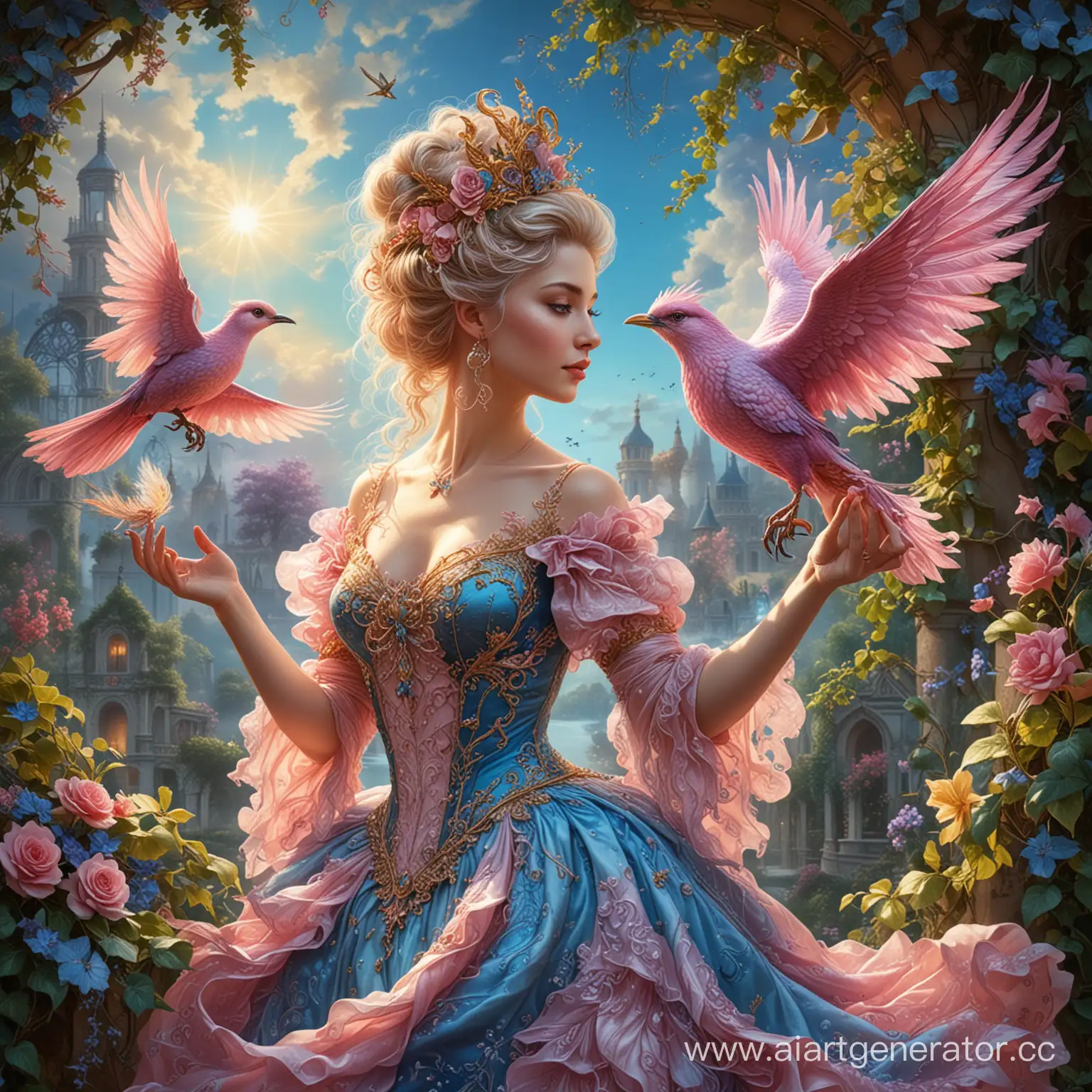 Enchantress-Holding-Firebird-in-Rococo-Dress-Amidst-Spring-Fantasy