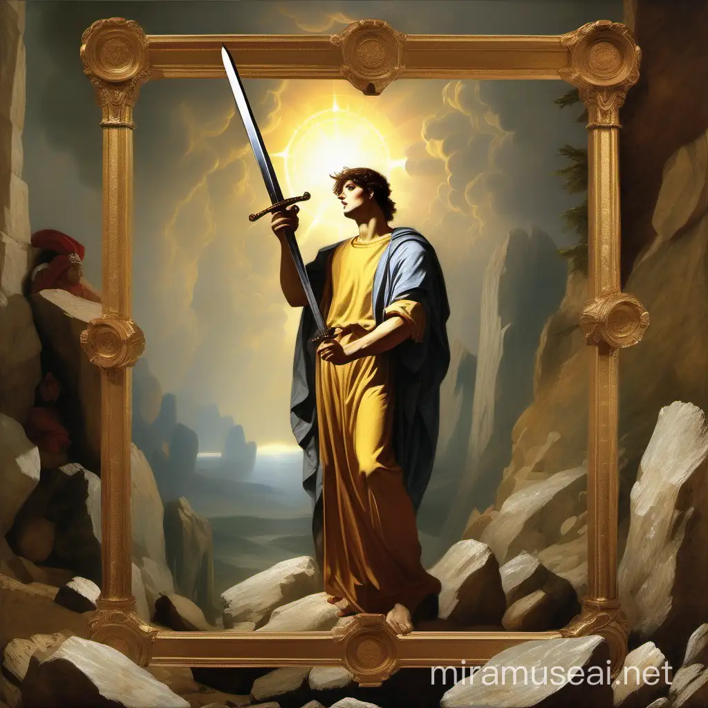 Юноша держит в руке меч, на заднем плане скалы, над головой нимб, крупный кадр, высокое разрешение, святой лик, картина в стиле классицизм