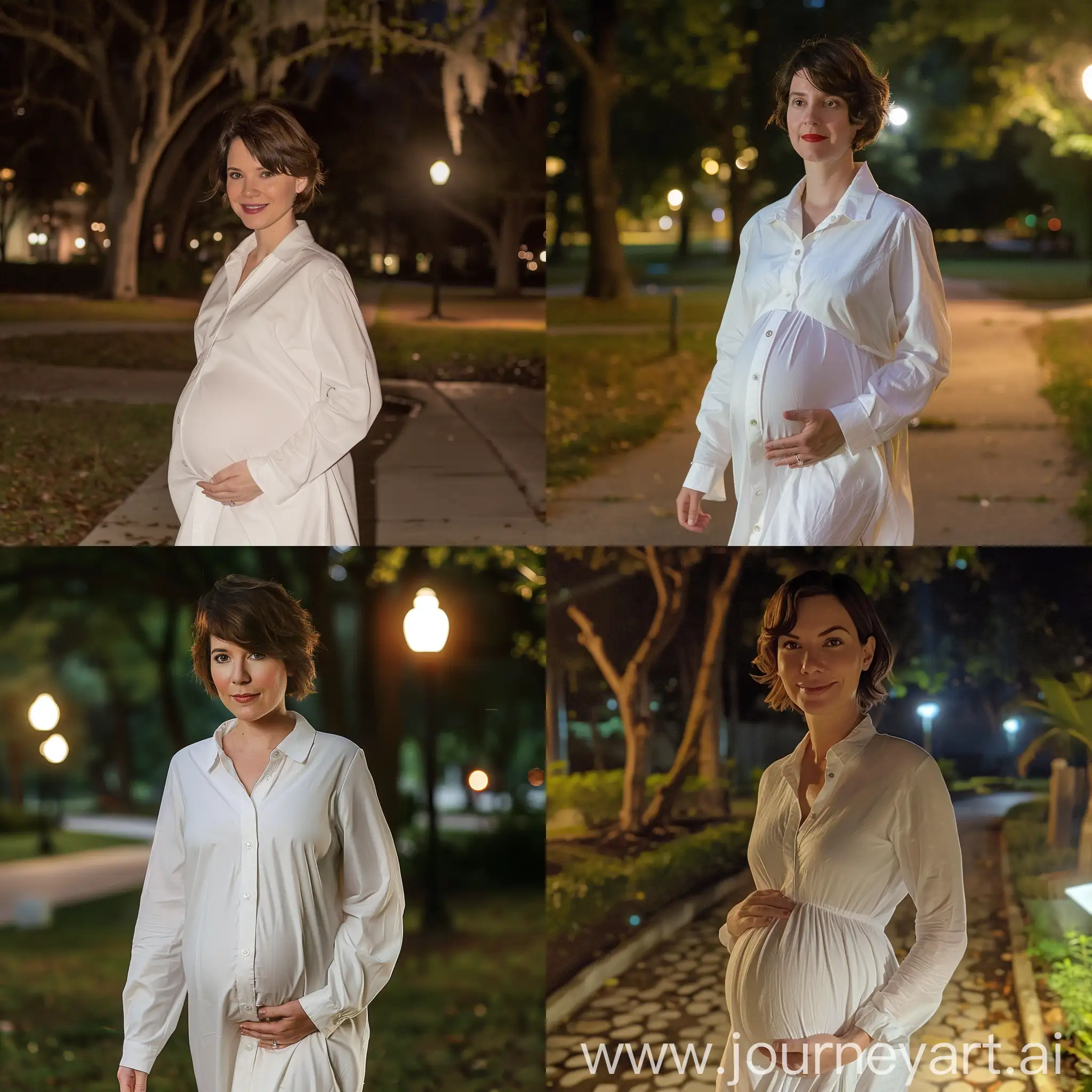 28 year old Tammy Riddle. She is 6'0" in height, Caucasian, Has short brown hair and brown eyes. She wears a white button up gown. She is walking through a park at night, While 9 months pregnant.