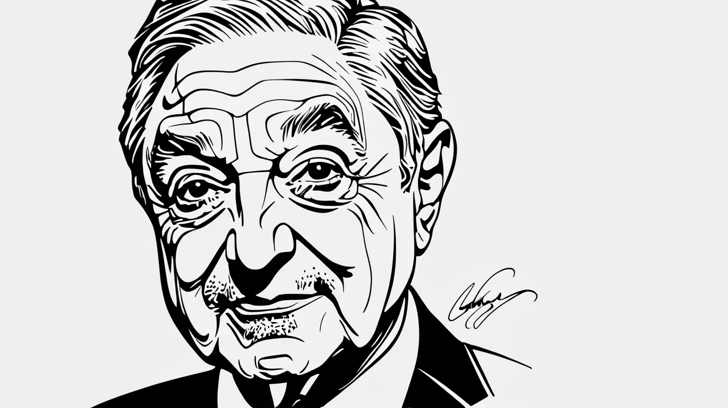 George Soros,  pen, line art, black background