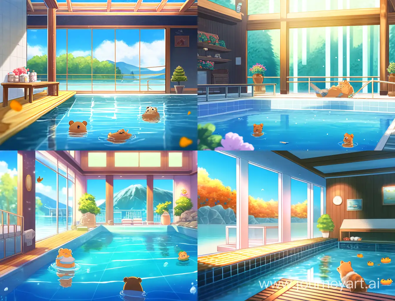 Bear-Family-Swimming-in-NatureView-Pool-Sauna-with-Floating-Mandarin-Oranges