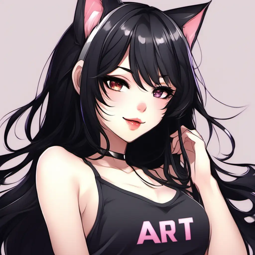 art of a cute catgirl with long black shiny hair, black layered bangs, white background, black cat ears, looking straight at the camera, eyeliner, slight smile, brown eyes, cute tank top, plump pink lips