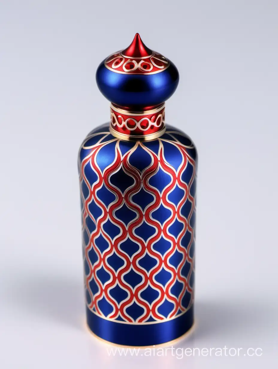 Elegant-Zamac-Perfume-Ornamental-Long-Cap-in-Shiny-Dark-Blue-with-Matt-Red-White-Border-Line-and-Arabesque-Pattern