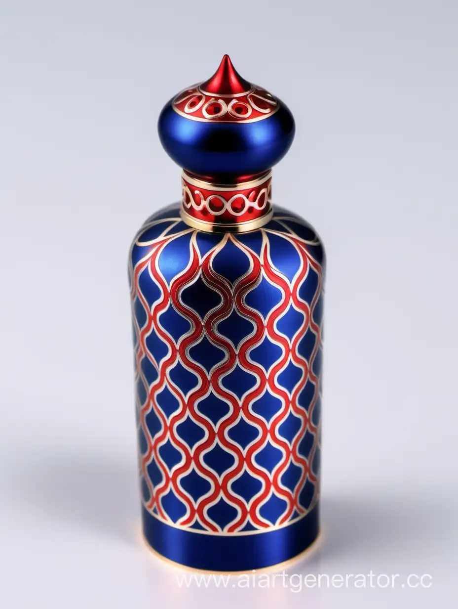 Zamac Perfume decorative ornamental long cap, SHINY DARK BLUE color with matt RED WHITE border line with dots in middle arabesque pattern shaped | metallizing finish