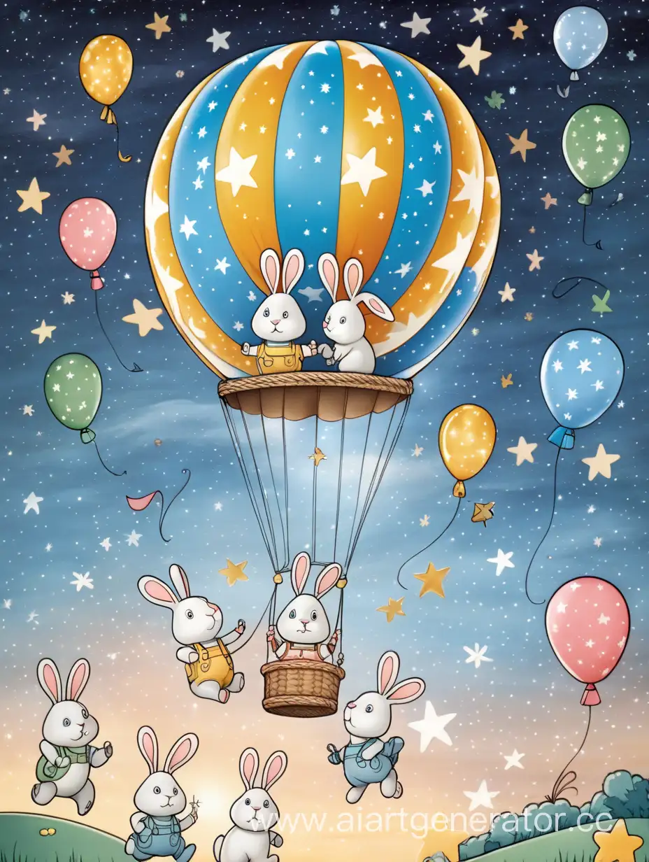 Cheerful-Cartoon-Balloon-with-Bunnies-and-Stars-in-the-Night-Sky