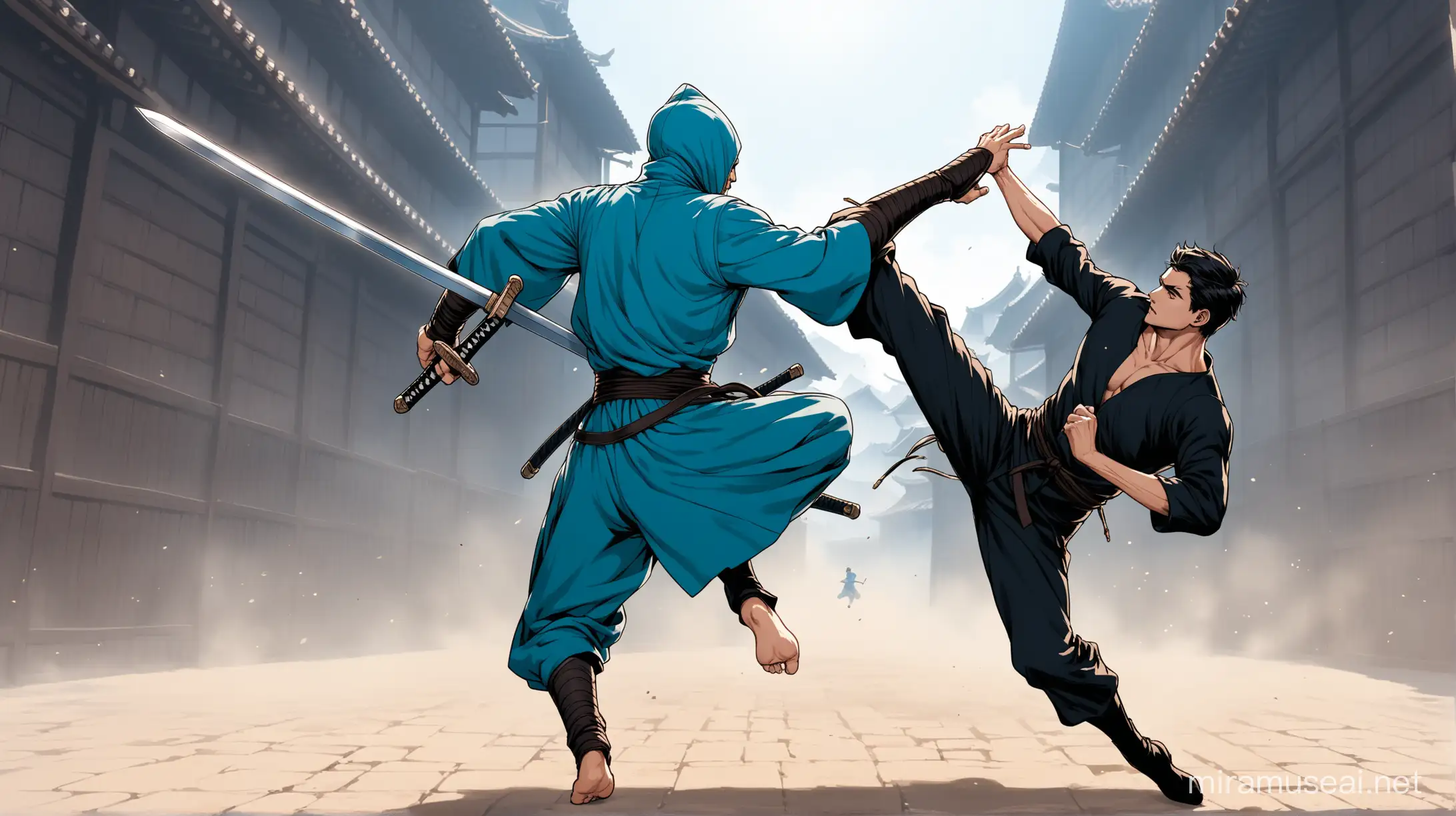 The swordsman in blue jumped and spun his leg while kicking right into the chest of the one wearing black