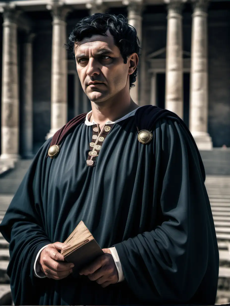 realistic semi-profile picture of ancient roman magistrate. backdrop of roman courthouse. black hair, early 30s dark and light roman clothing