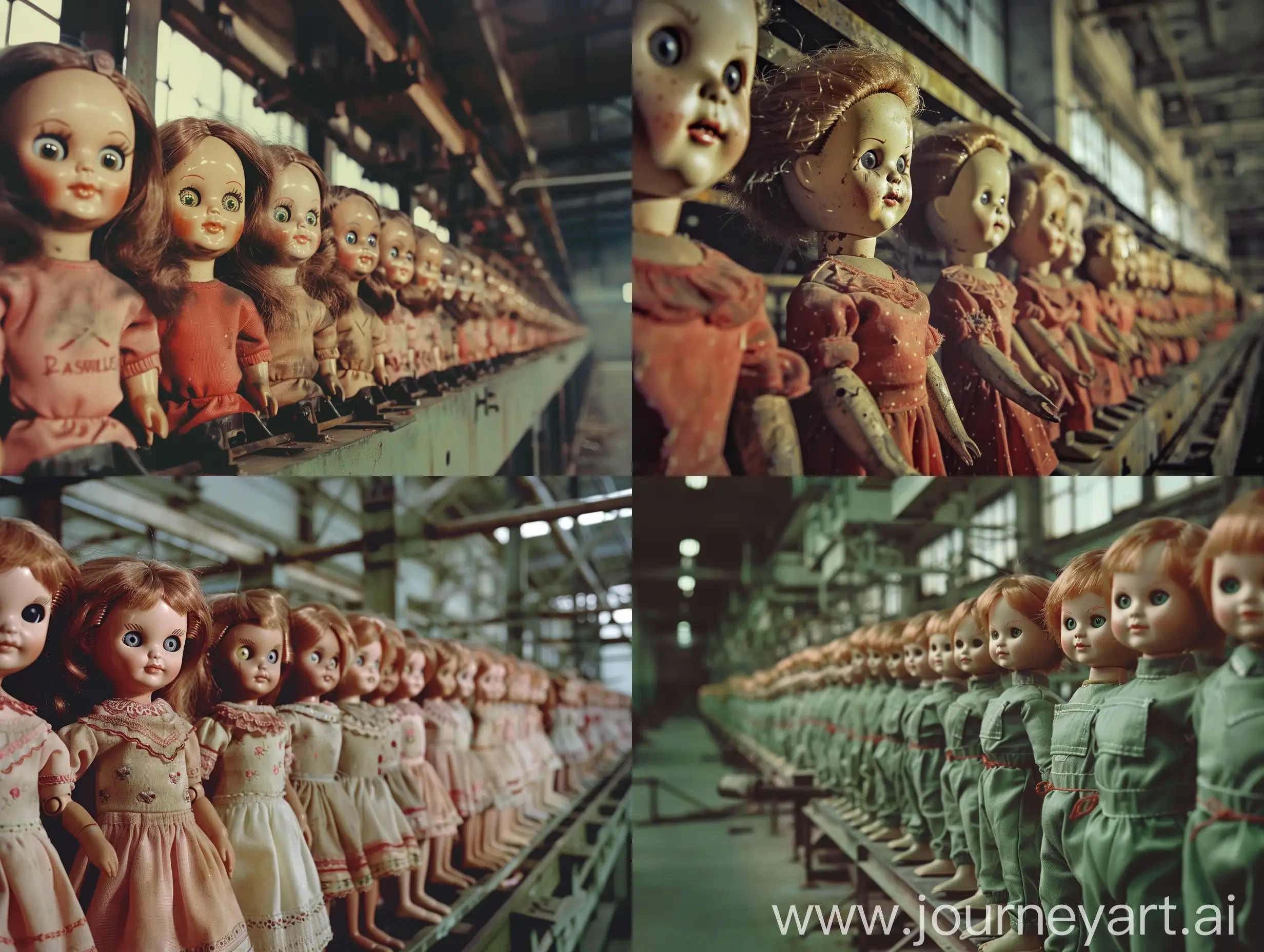 realistic movie stills, full body, full shot, wide shot, In an abandoned factory in the 1980s, a group of identical-looking dolls lined up in a row to produce dolls that looked like themselves. Horror, tragedy, nightmare, movie stills, realism, clear light and shadow, movie texture, film photos, expired film, melancholy, with a fierce look in his eyes, creating a melancholy atmosphere , aesthetics of violence, an amazing fantasy movie scene, strong dramatic tension, rich details, clear light and shadow, a strong sense of cinema
