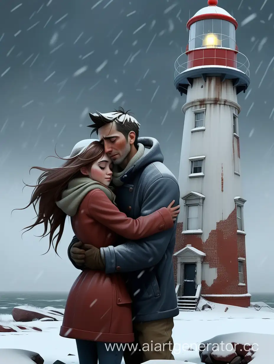 Заброшенный маяк, снегопад, парень хочет повеситься, но девушка его обнимает и отговаривает
