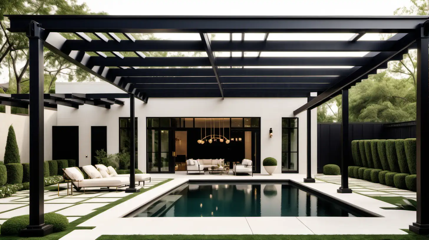 Modern Minimalist Oasis Stylish Poolside Retreat with Black Steel Pergola and Brass Accents