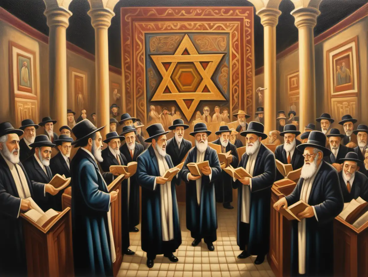 in style of 1930's Jewish artist hoffman depicting scenes in synagogue with jews around the torah
