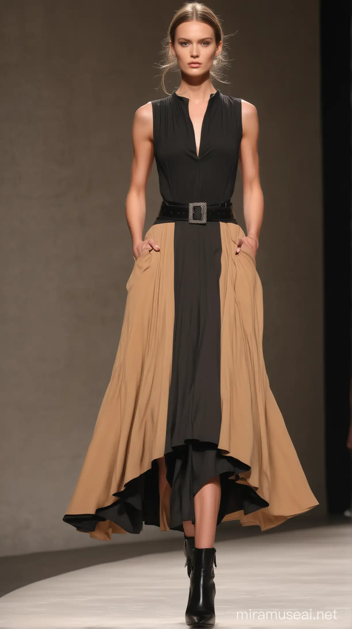 Stunning supermodel runway motion for Montelago brand, front angle, wearing  sleeveless dress, very long flowy, 2 colors(camel and black charcoal) cupro fabric skirt, hands in the pockets , bold belt, hyper-realistic, Alexander McQueen style
