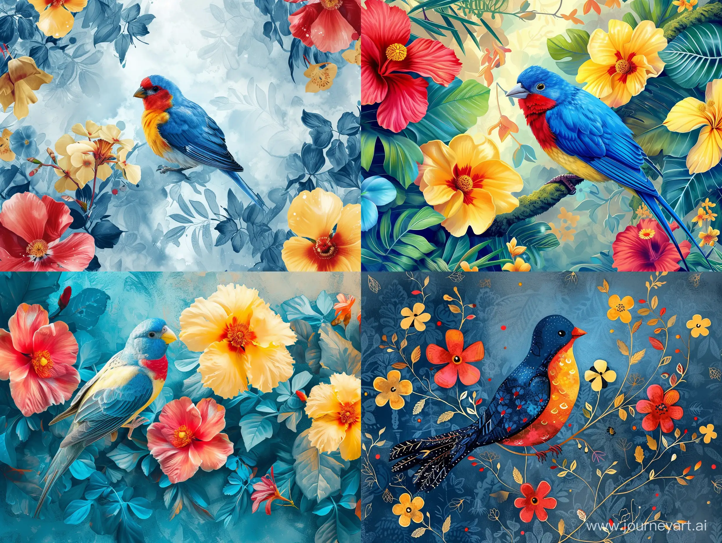 Blue-Karina-with-Red-and-Yellow-Canaries-Amid-Flowers-in-4K-and-8K-Resolution