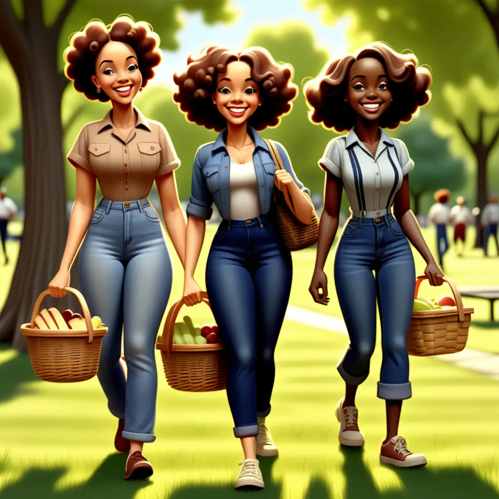 Joyful African American Family Picnicking in Retro Cartoon Style