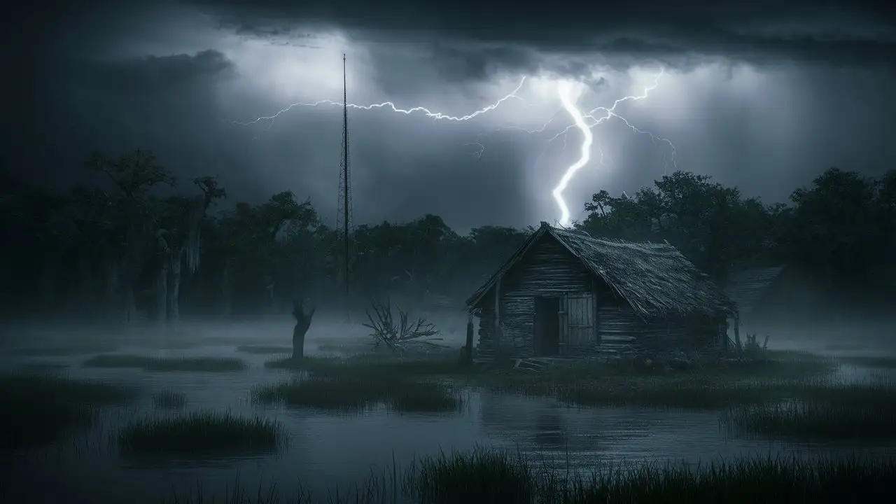 Eerie Country Cottage Surrounded by Fog in the Dark Forest with Radio Antenna