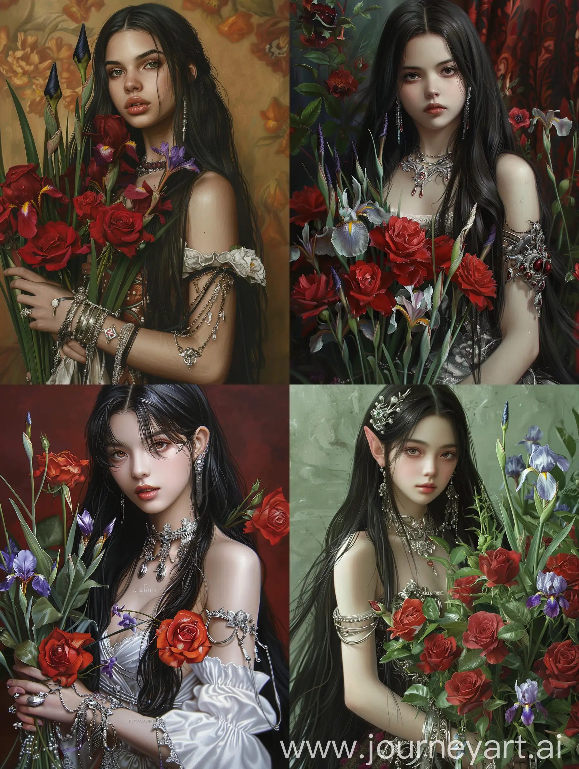 Elegant-Youth-with-Long-Black-Hair-and-Silver-Jewelry-Holding-Red-Roses-and-Irises-Bouquet