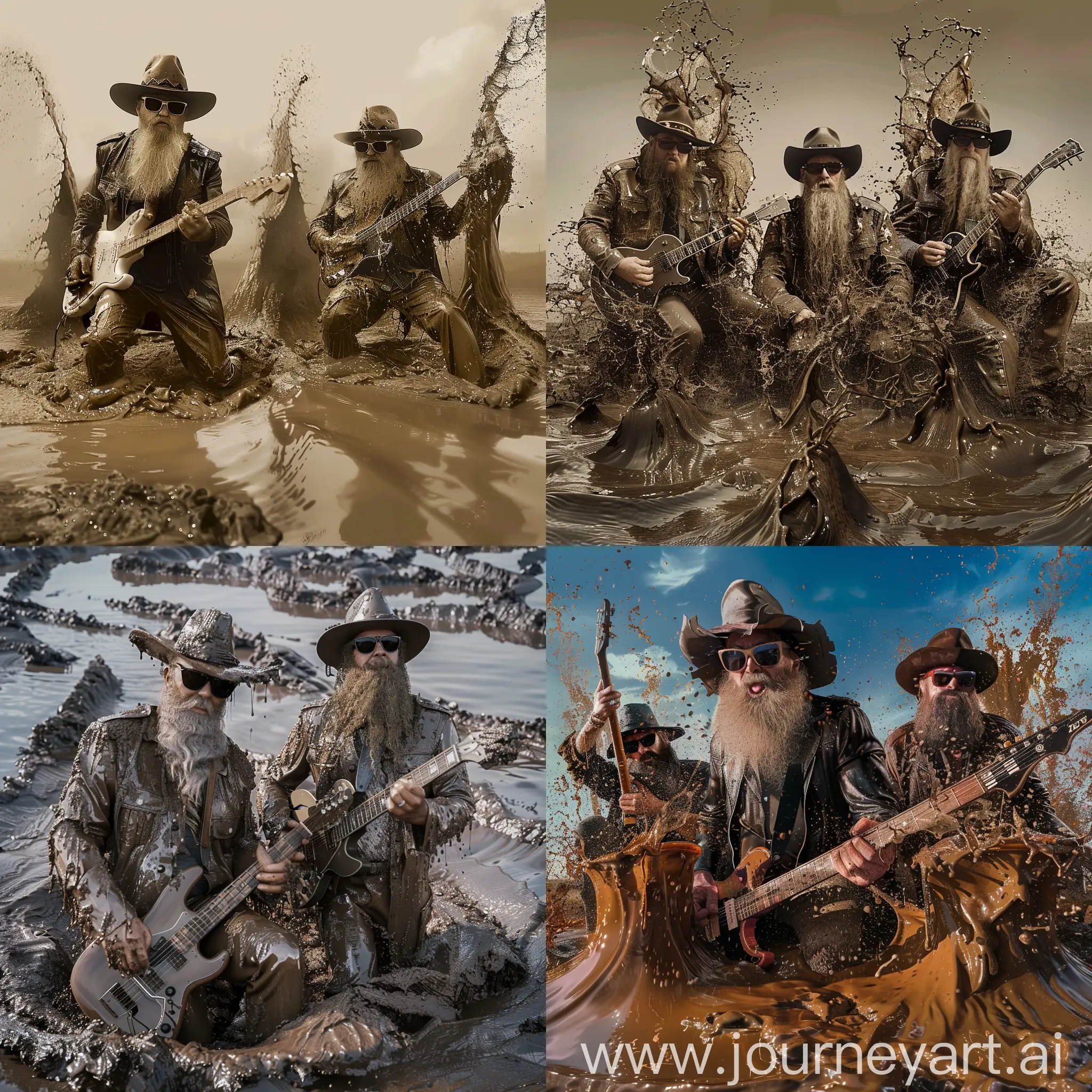 Fotorealistic image. ZZtop musicians  in an album cover Rio Grande mud