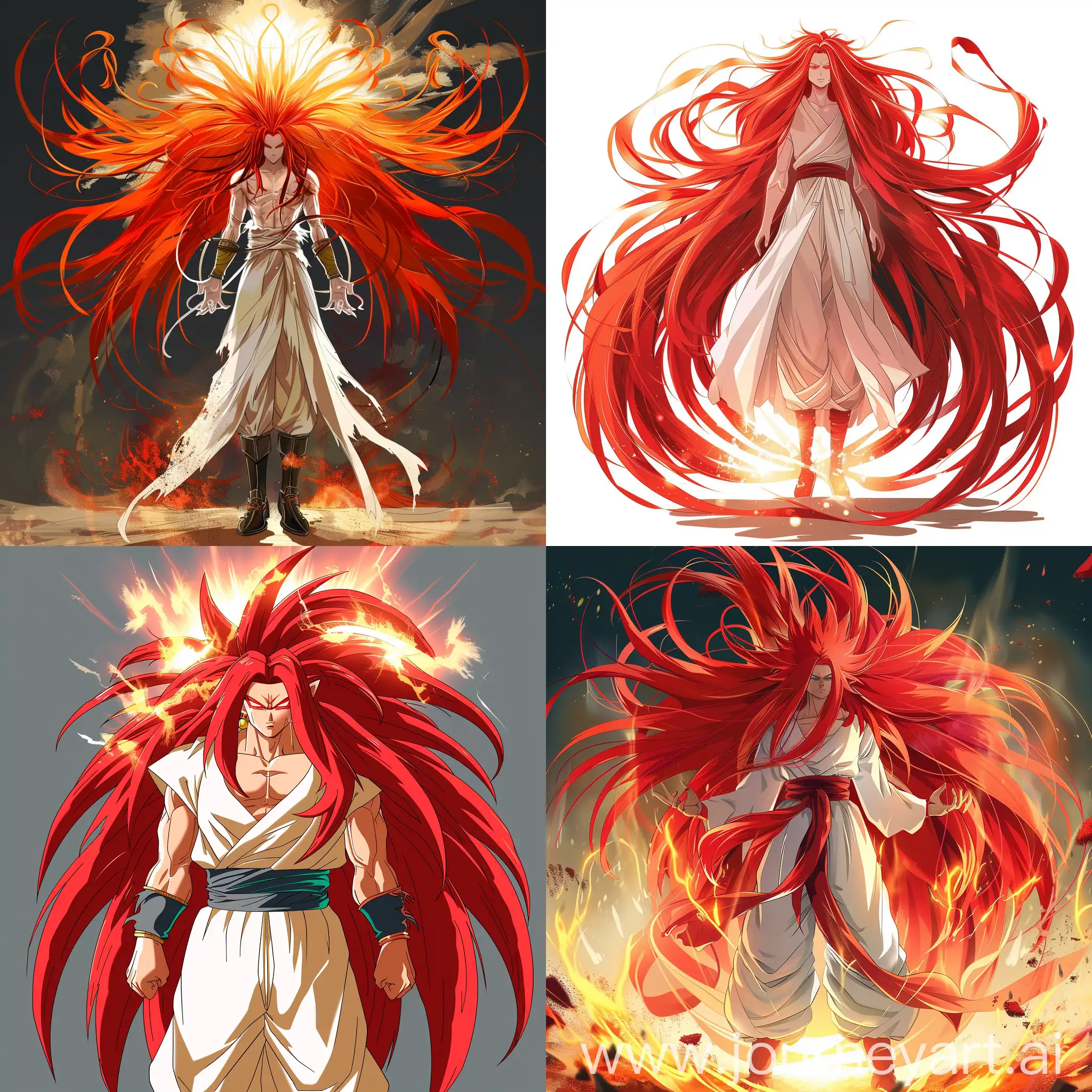 An anime style long red hair transformation of a light hero, similar to the supersaiyayin transformation of Goku, from Dragon Ball.