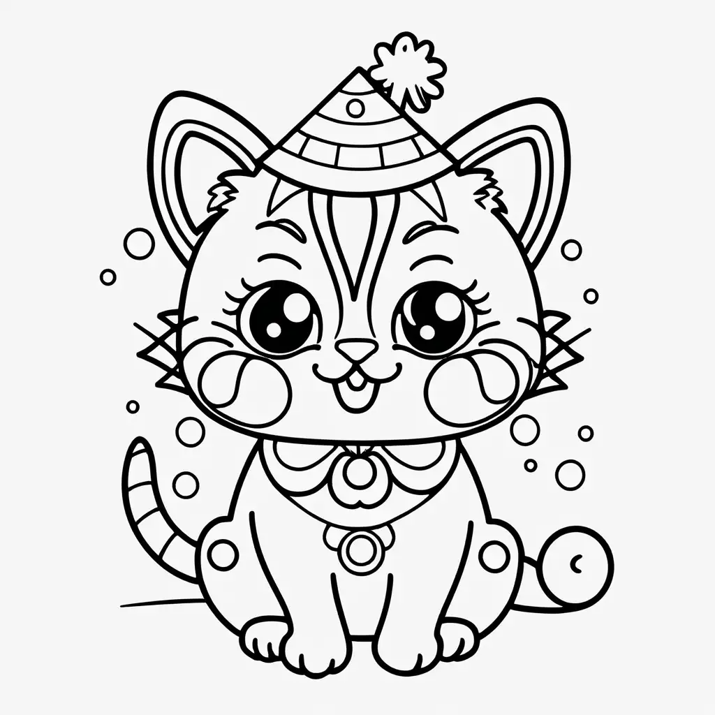 Black and white coloring page for kids with a cute kawaii happy cat with a clown nose and make up, black lines white background